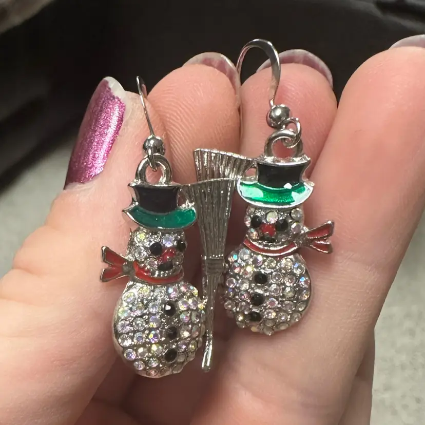 Silvertone & Rhinestone Snowman Dangle Earrings