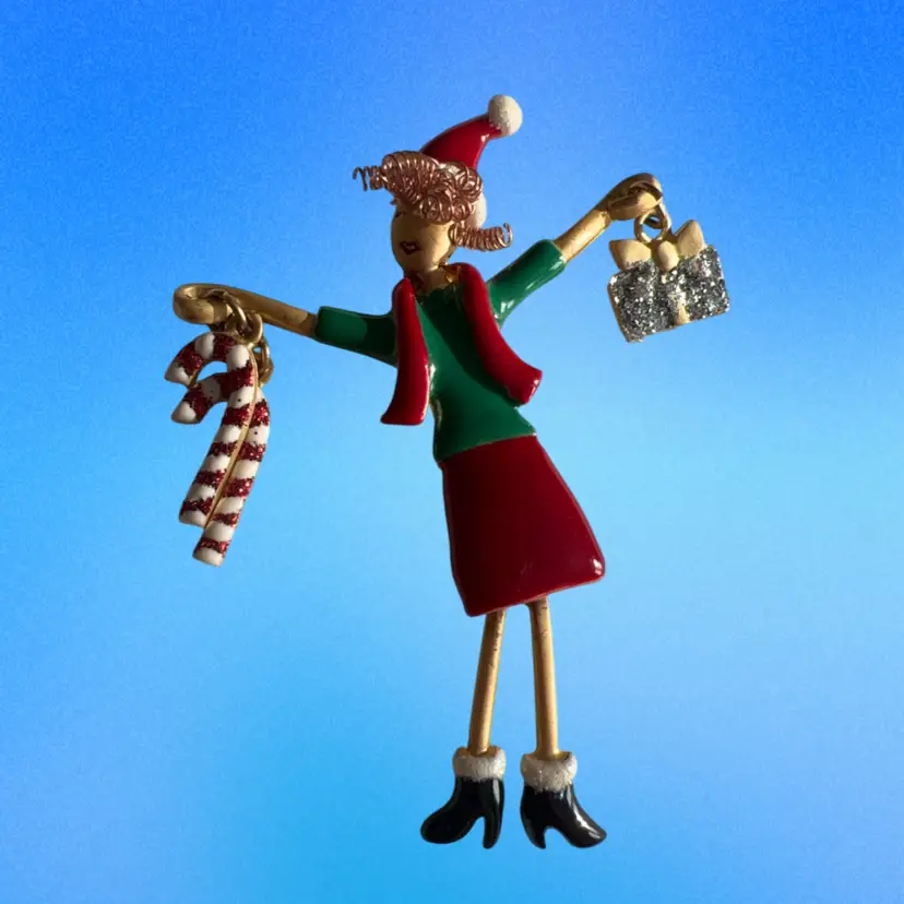 Tanya Creations Lady Christmas Shopper Candy Canes & Gift Dangle Legs Brooch Pin 2.5”
