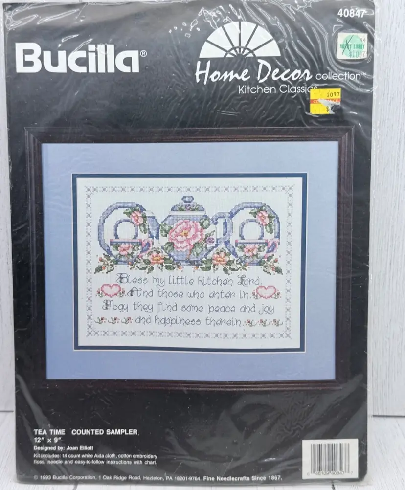 Bucilla Tea Time Counted Cross Stitch Bless My Kitchen Vtg 1993 Sealed Kit 40847  12" x 9"