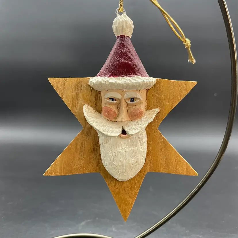 Wooden Santa Head on Star Hand Carved Christmas Ornament VTG Primitive Signed
