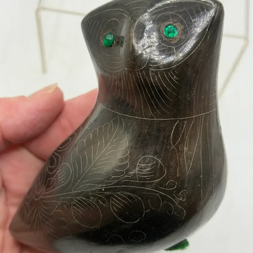 Vintage Mexican Folk Art Barro Negro Black Clay Owl Figurine Etched Oaxaca