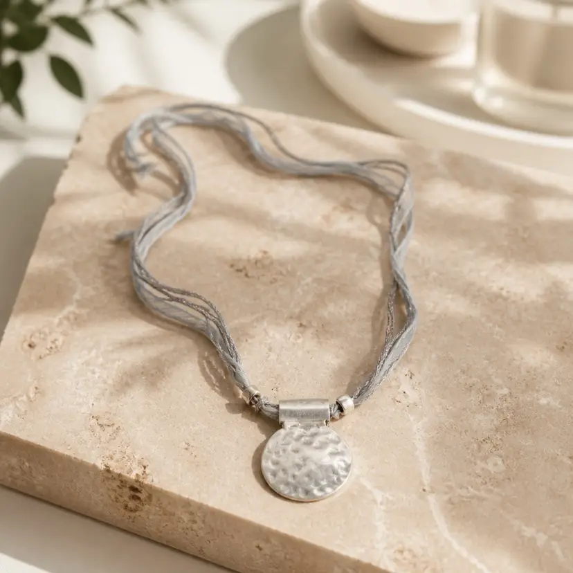 Silver Disc Pendant On Silk Cord Necklace