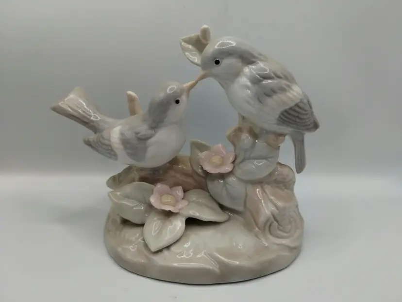Vintage Porcelain Kissing Gray and White Birds and Blossoms