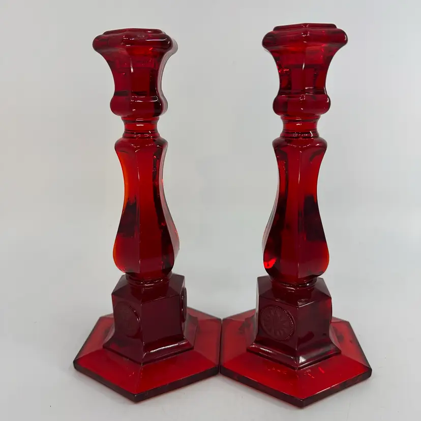 Fostoria Ruby Red Coin Glass Tall Candlesticks