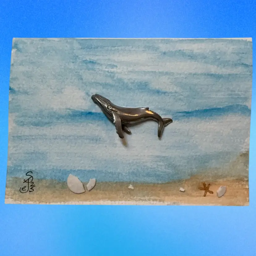 Original Watercolor Card With Vintage Whale Brooch. Comes With Tissue And Box 5” X 3.5” Blank Inside