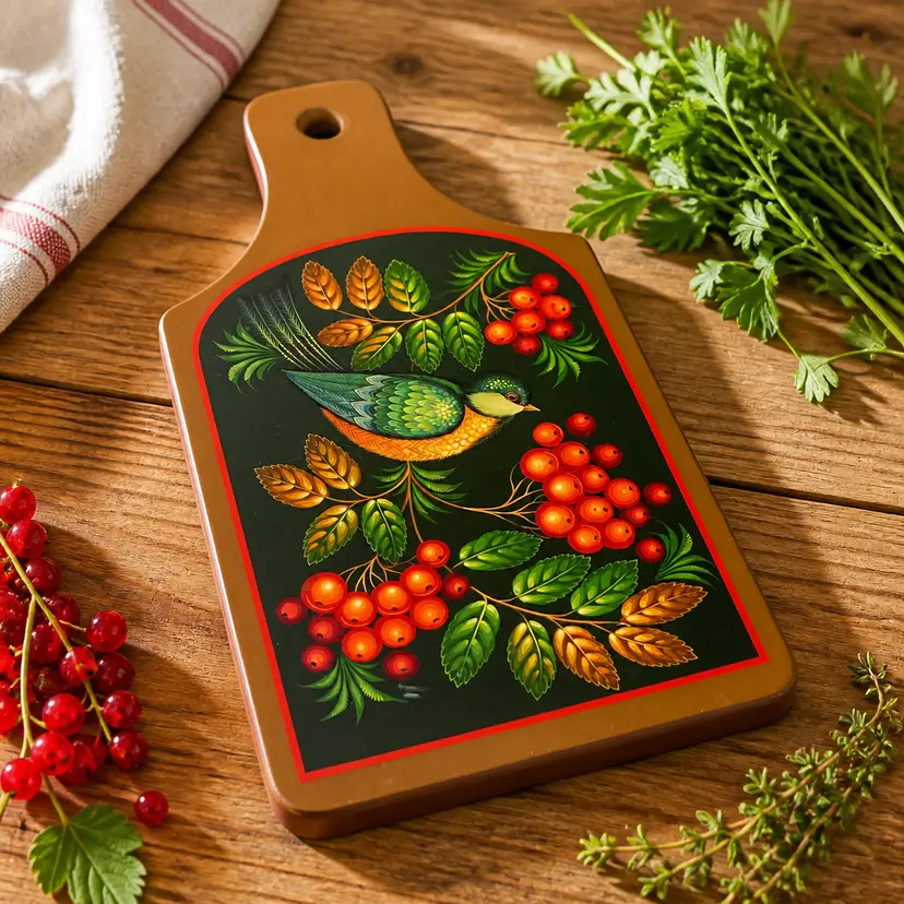 Russian Khokhloma Folk Art Painting on a Wooden Board, 12" x 6"