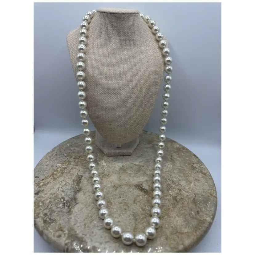 Vintage Mid-Century Faux Pearl Necklace 36” Opera Strand Hand-Knotted Japan Clasp