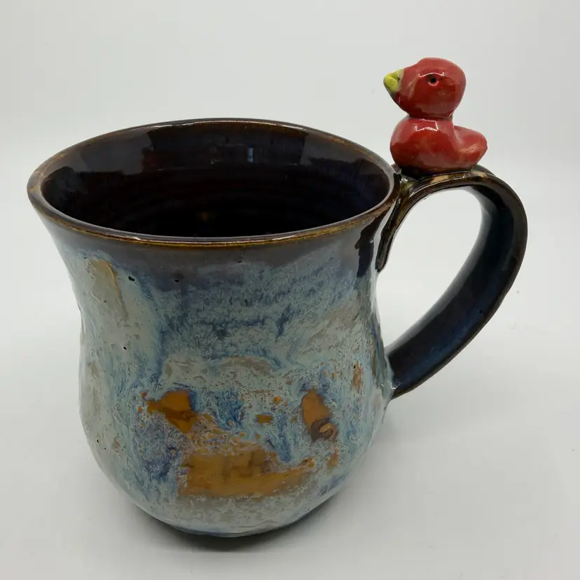 Studio Pottery Pats Pottery Drip Glaze Mug W Bird On Handle