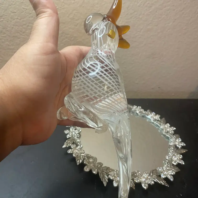MCM Seguso Murano Italy Art Glass Cockatoo Figurine featuring striped clear with an amber crest