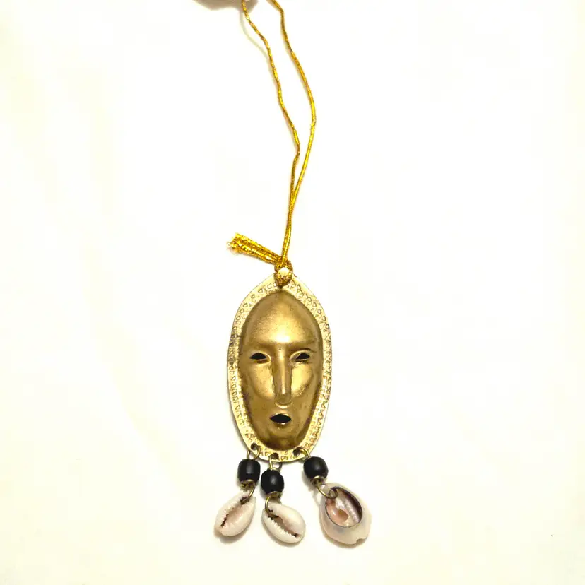 African Mask  Pendant Gold Tone Metal with Dangles 2⅝" Long Vintage with Issues