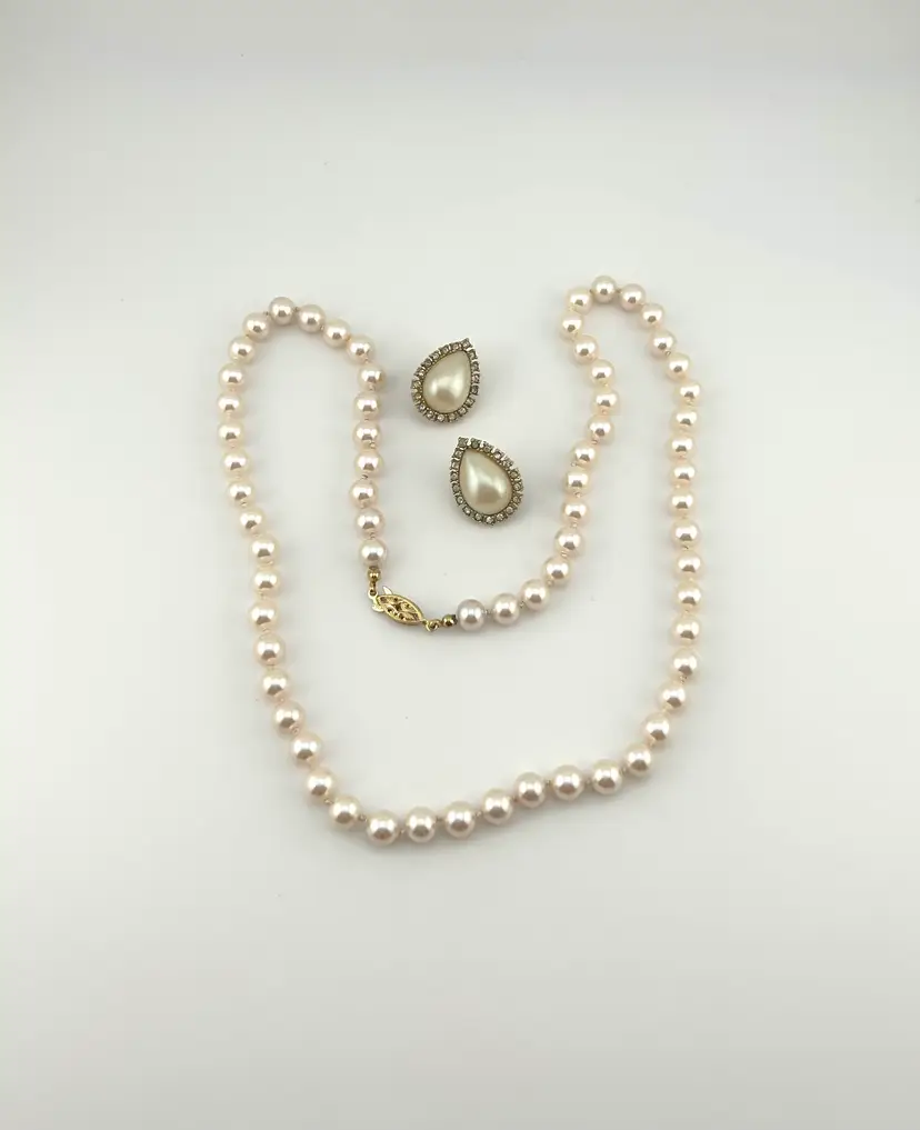 Hand Knotted Gold Tone Glass Pearl Necklace With Faux Pearl Pierced Earrings
