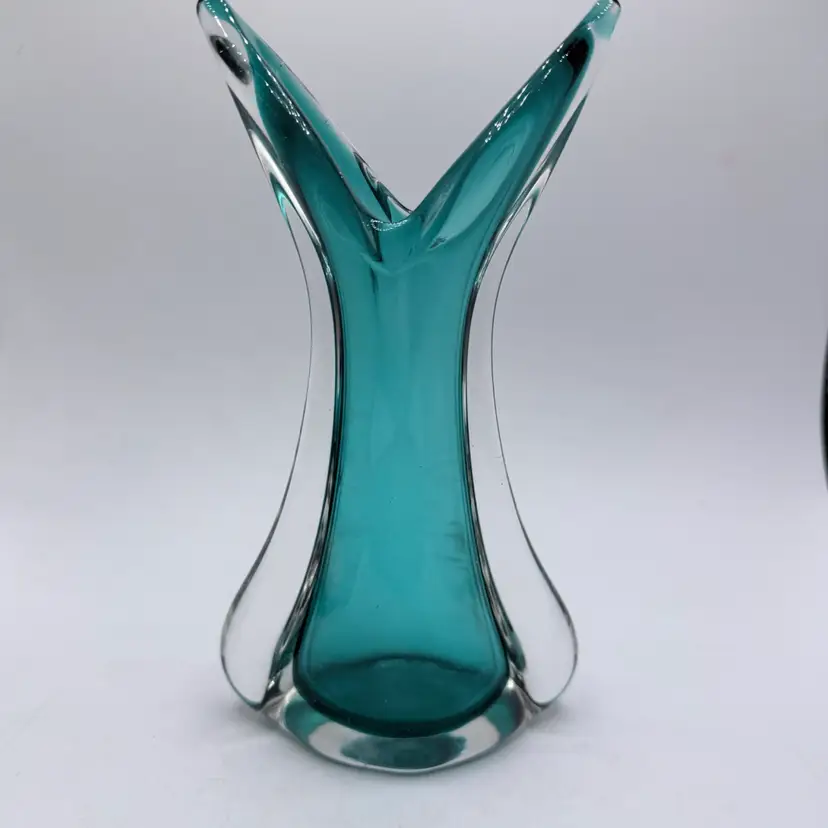 Vintage Murano style Teal Sommerso Glass Vase 8.75” MCM Flared swallowtail