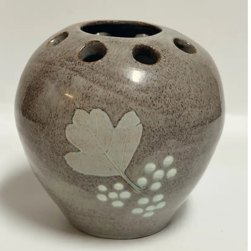 Fishley Holland Pottery From Clevedon Studio, England- MCM -Flower Frog Posy Vase Signed FH 3.5” Repeating Pattern On  3 Sides