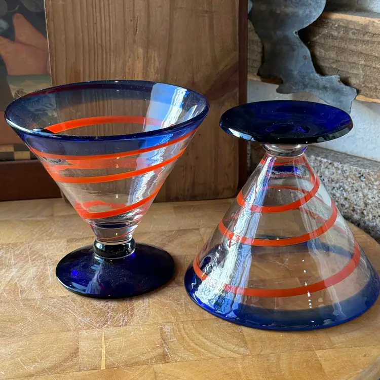 Vintage Kosta Boda Swedish Art Glass | Cobalt Blue & Orange Spiral Cocktail Glasses | Set of 2