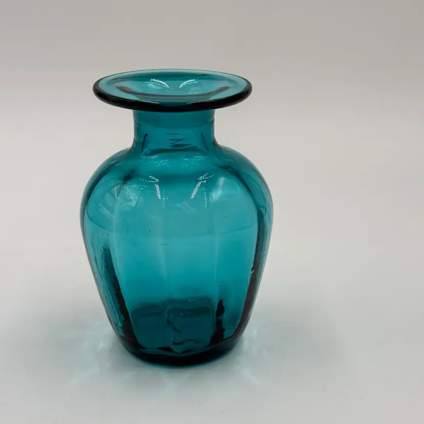 Vintage Teal Art Glass Vase Bottle Hand Blown Optic Ribbed Flat Rim Rough Pontil Collar
