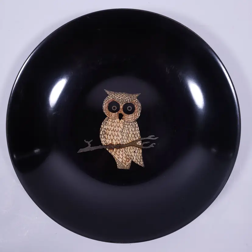 Vtg MCM COUROC Monterey Owl Wood Grain Gold Inlaid Black Plastic WALL DECOR DISH