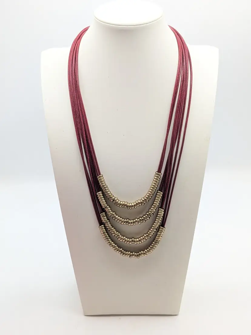 NY & Co Layered Maroon Cord Necklace with Gold Tone Brass Beads