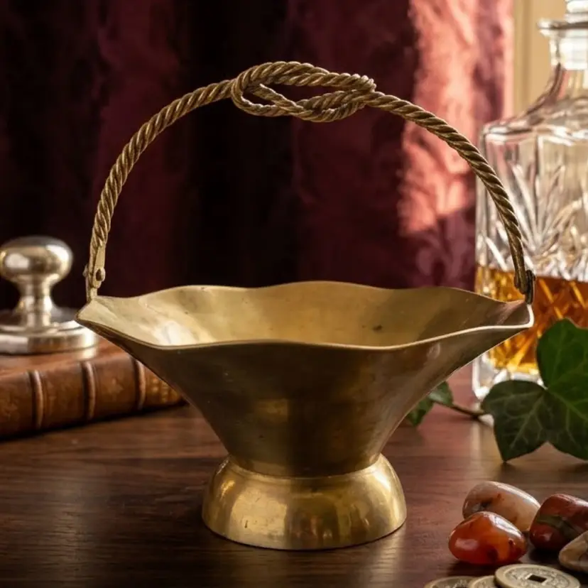 27. Solid Brass Basket With Twisted Rope Handle
