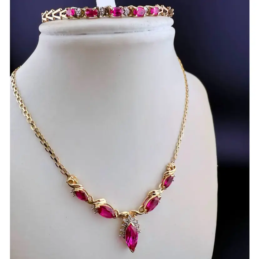 Vintage Pink Sapphire & Diamond Gold Jewelry Set – 14K LGL Necklace & 10K Bracelet