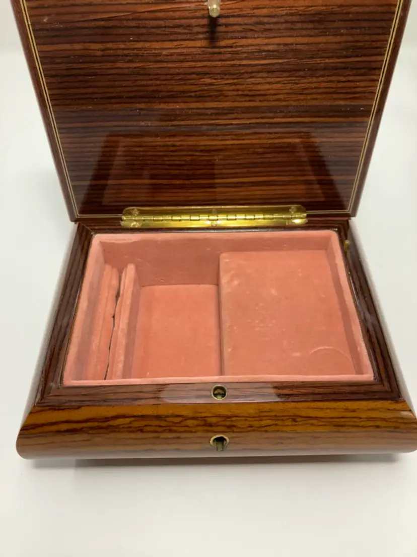 Vintage Reuge Swiss Movement Wood Inlay Musical Footed Jewelry Box! 6 1/2” x 2 3/4”!