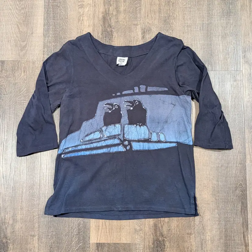 Grebe Batik Navy Raven Graphic V-Neck Tunic Top Shirt 3/4 Sleeve Women's Size M