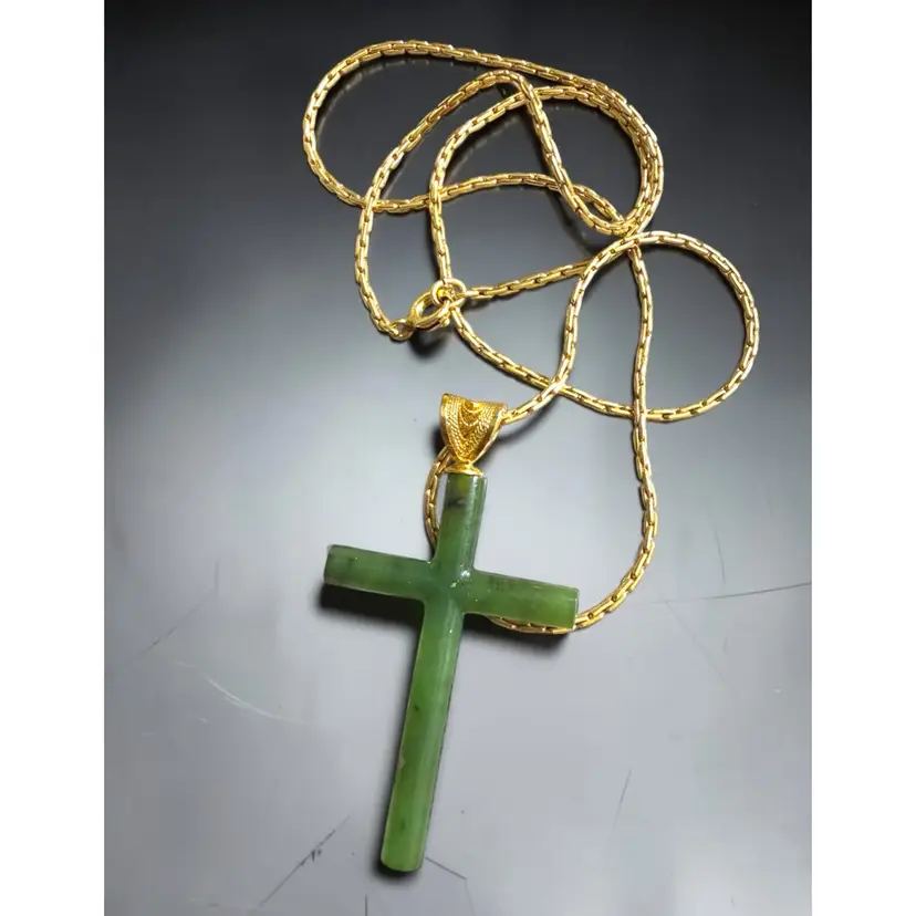 1/20 12 K Gold Filled 18” Chain Necklace  with Genuine Jade Cross Pendant