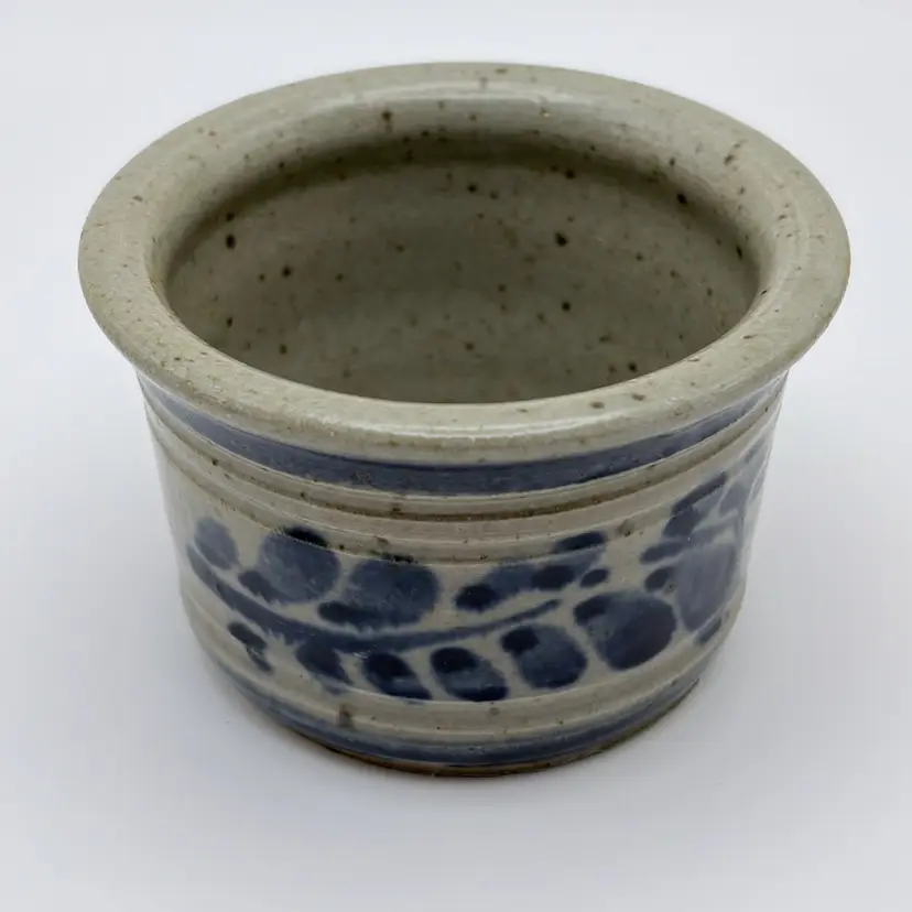 Handcrafted, studio pottery, speckled glaze, small dish, grey/blue, 3” wide, signed