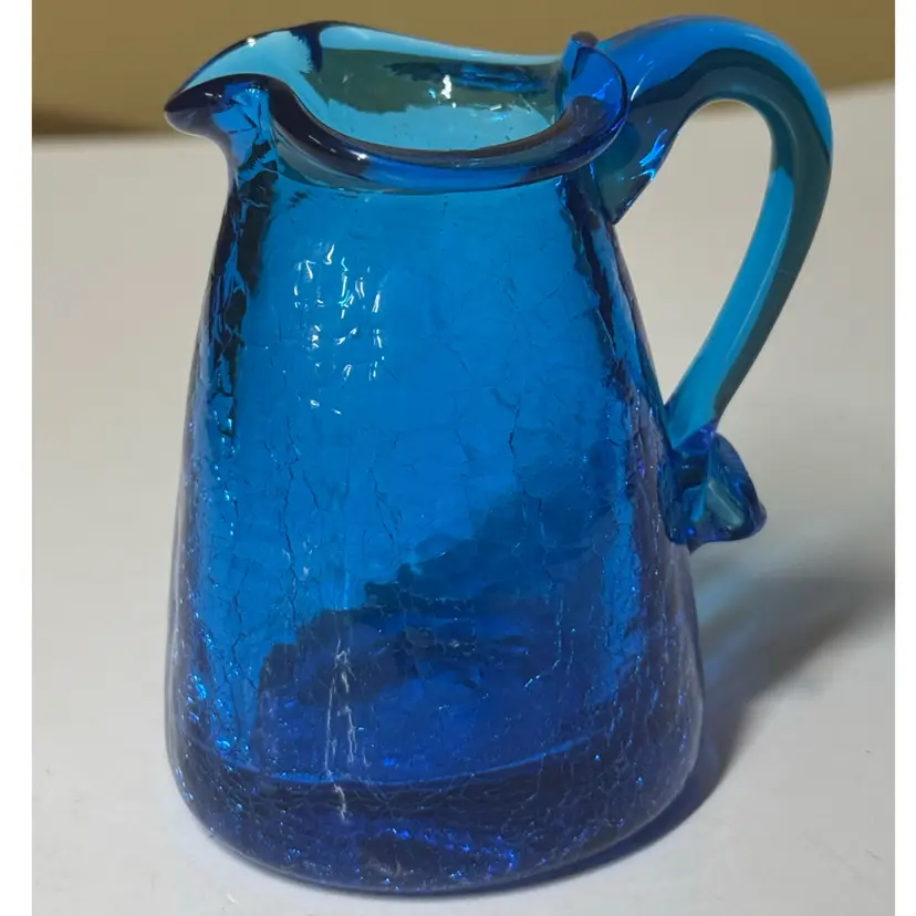 Blue Crackle Glass Mini Pitcher with Clear Handle 3.25” tall