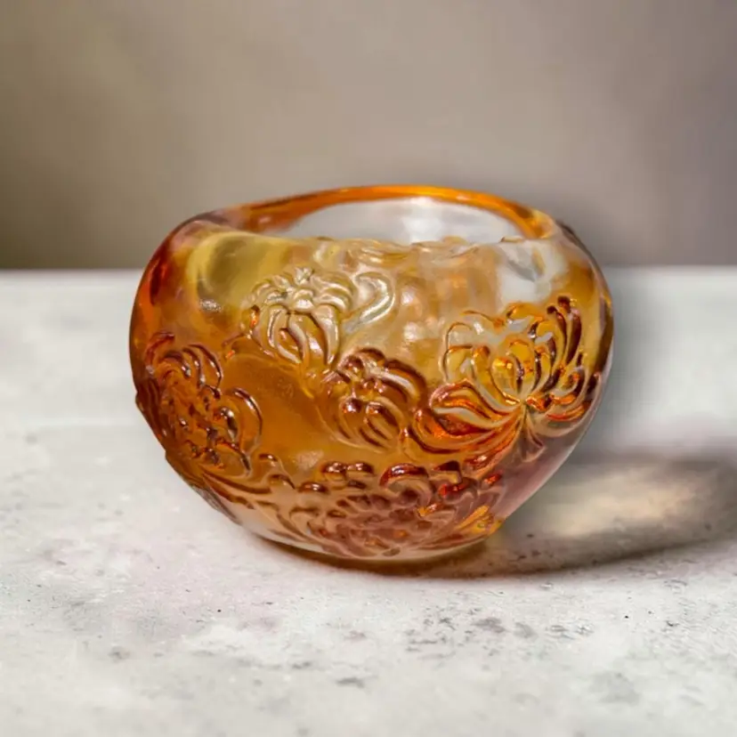 LIULIGONGFANG LIULI 2005 Small Chinese Crystal Floral Bowl Amber Pate de Verre Signed Numbered