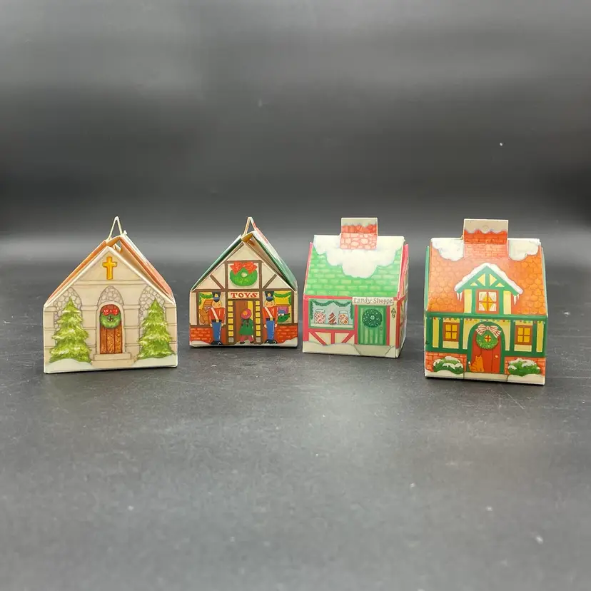 Bavarian Village Cardboard Christmas Ornaments Gift Boxes VTG Set of 4 Current