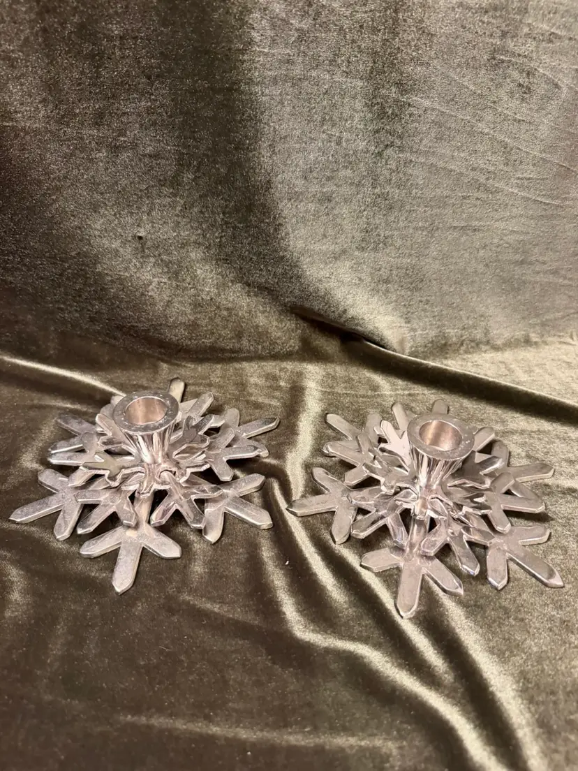 Pair Set Of Crate & Barrel Shiny Silver Tone Snowflake Taper Candle Holders