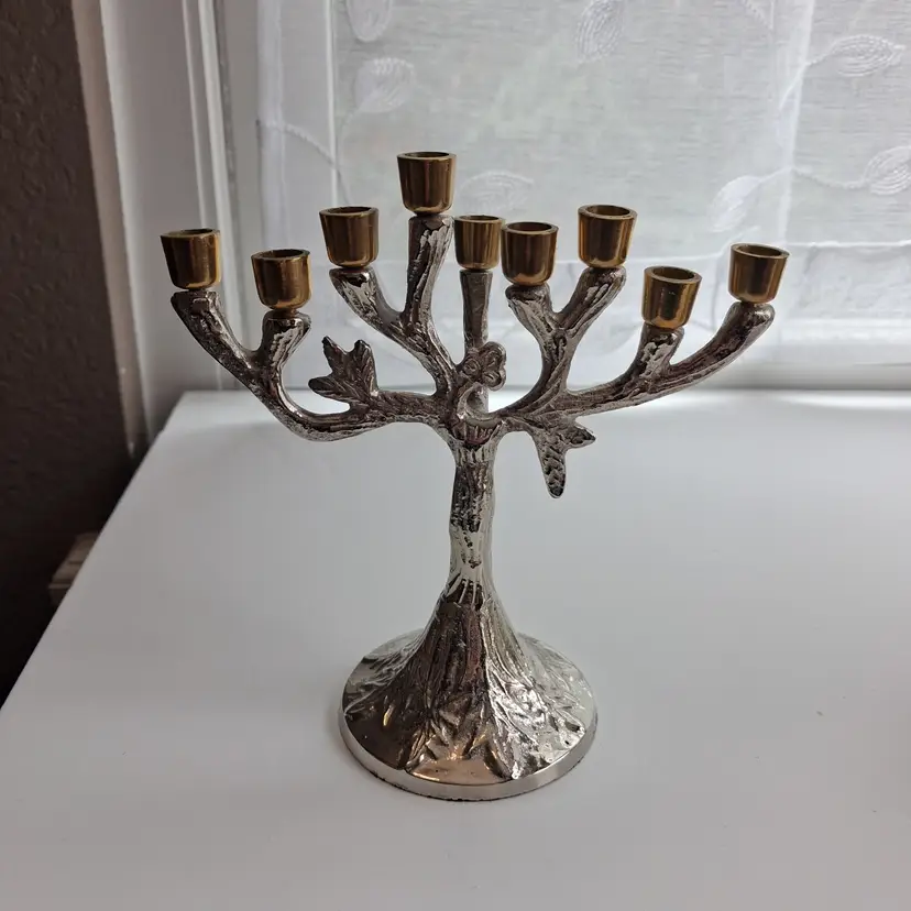Vintage Menorah Israel Silver and Goldtone Tree Branch 5" Hanukkah