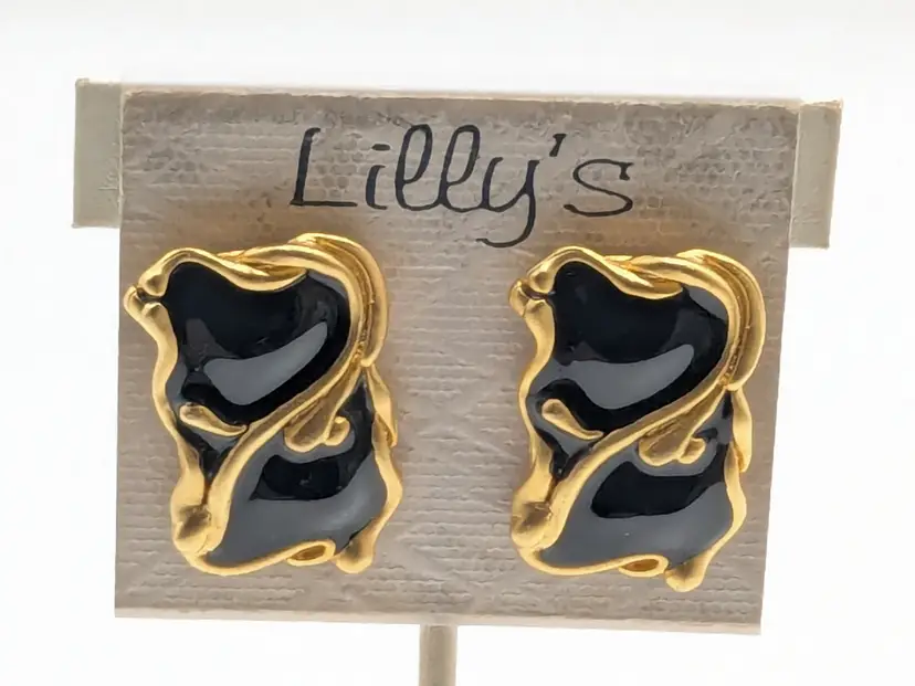 Vintage Lilly's Black and Gold Tone Abstract Pierced Earrings NOS