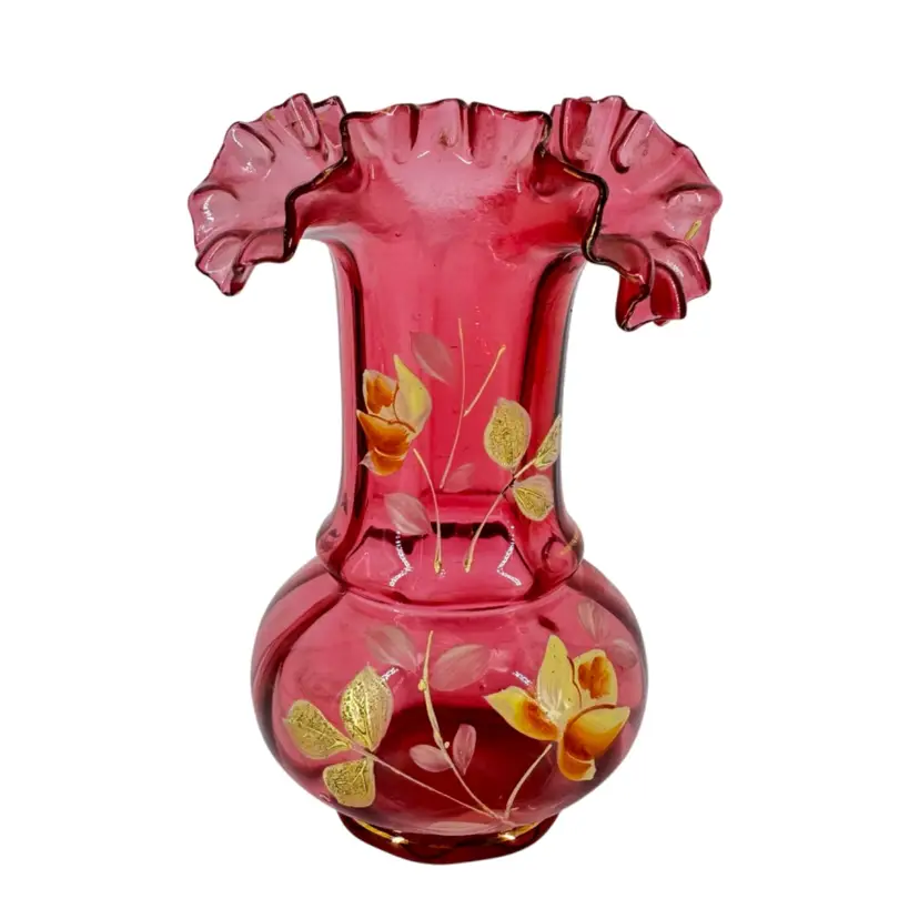 Victorian Cranberry Glass Floral Ruffled Vase