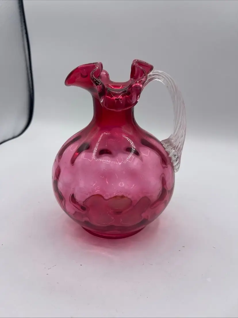 FENTON Cranberry Glass Pitcher Dot Optic Reed Handle Ruffled Rim 7" Tall