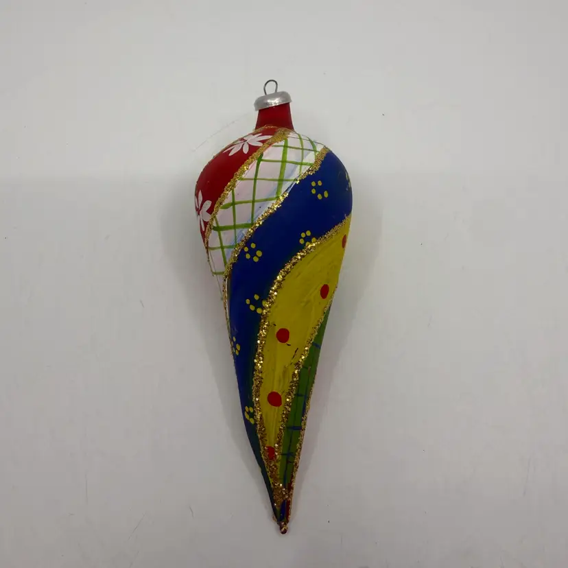 Hand Painted Italian Glass Teardrop Christmas Ornament 4.75L”
