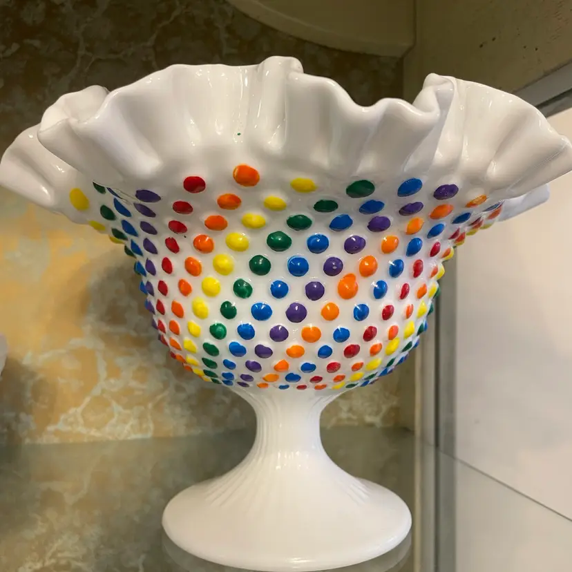 Vintage Rainbow Hobnail Milk Glass Ruffled Edge Pedestal Candy Dish