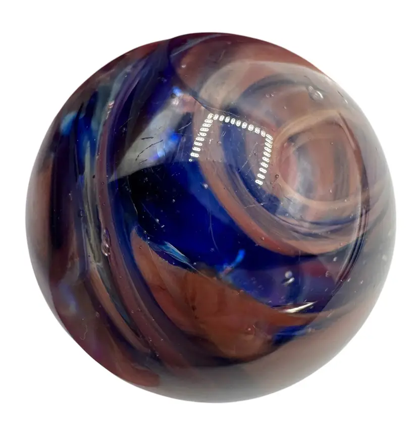 Handmade Art Glass Marble Multicolored Swirl Peach Pink Dark Blue Bubbles .95”