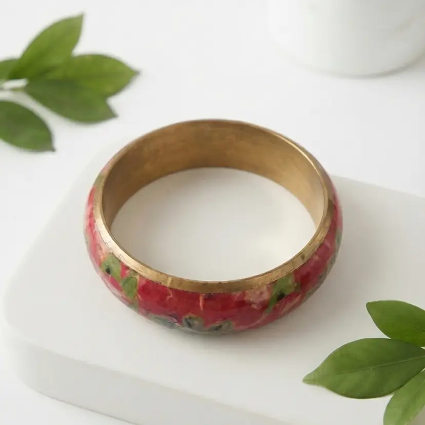 143. Vintage Floral Enamel & Polished Brass Bangle Bracelet — Colorful Red & Green Botanical Design