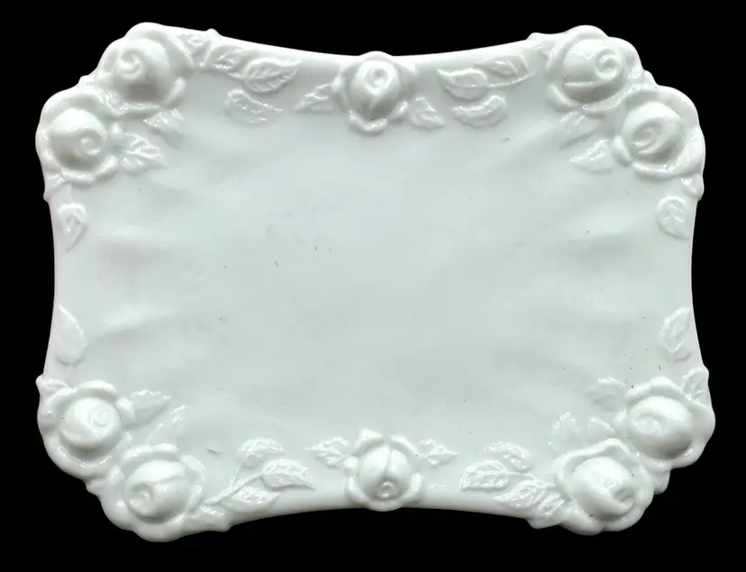 Vintage White Milk Glass Dresser Tray Pin Trinket Soap Dish Floral Rose 6”