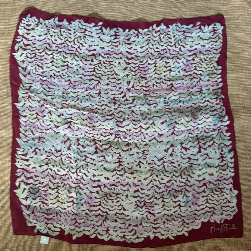 Vintage Mary McFadden Colorful Leaf Print Silk Scarf with Burgundy Trim