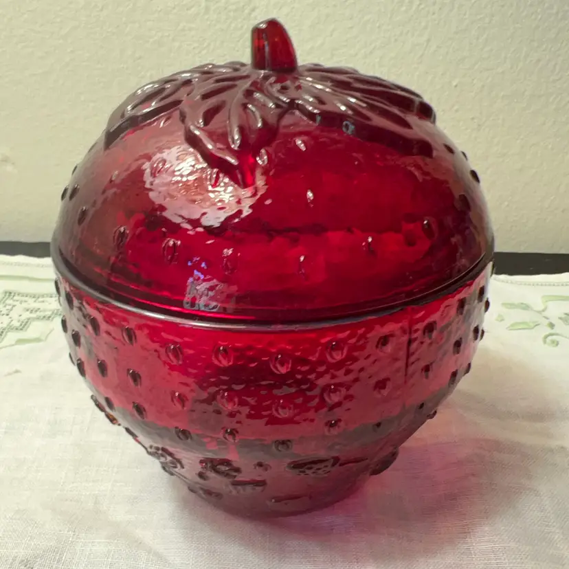 Longaberger Strawberry Jam Jar Glass Ruby Red Collectors Club Candy Dish Farmhouse 6” x 5”