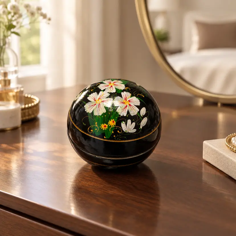 Hand Painted Round Wood Lacquered Trinket Box w/ Surprise Flower Interior, 3" Diameter