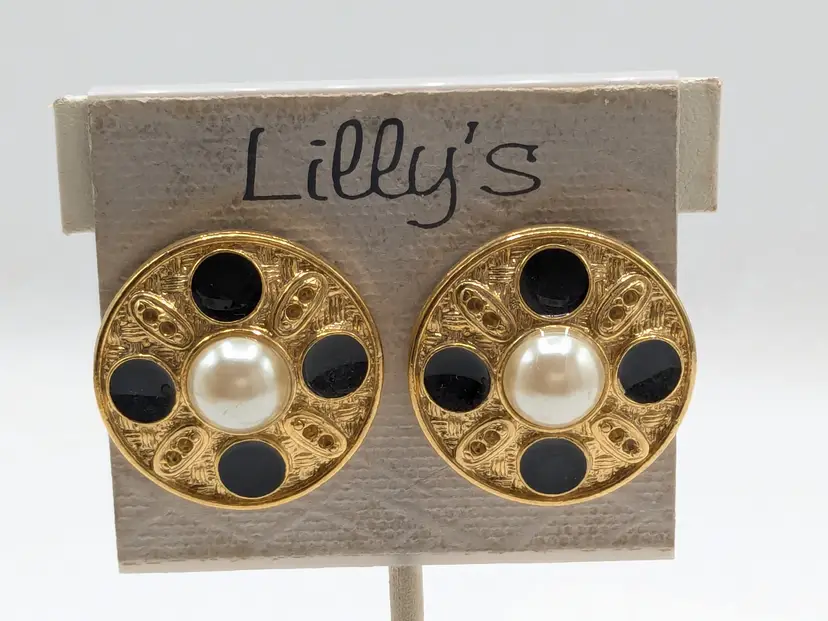 Vintage Gold Tone Round Black Enamel Faux Pearl Pierced Earrings NOS