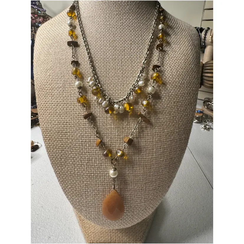 Avon Earthtone and Pearlesque Double Chain Necklace