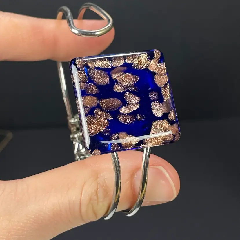 Cobalt & Copper Aventurine Venetian Fused Glass Hinge Bangle Bracelet Silver Tone 2.375"