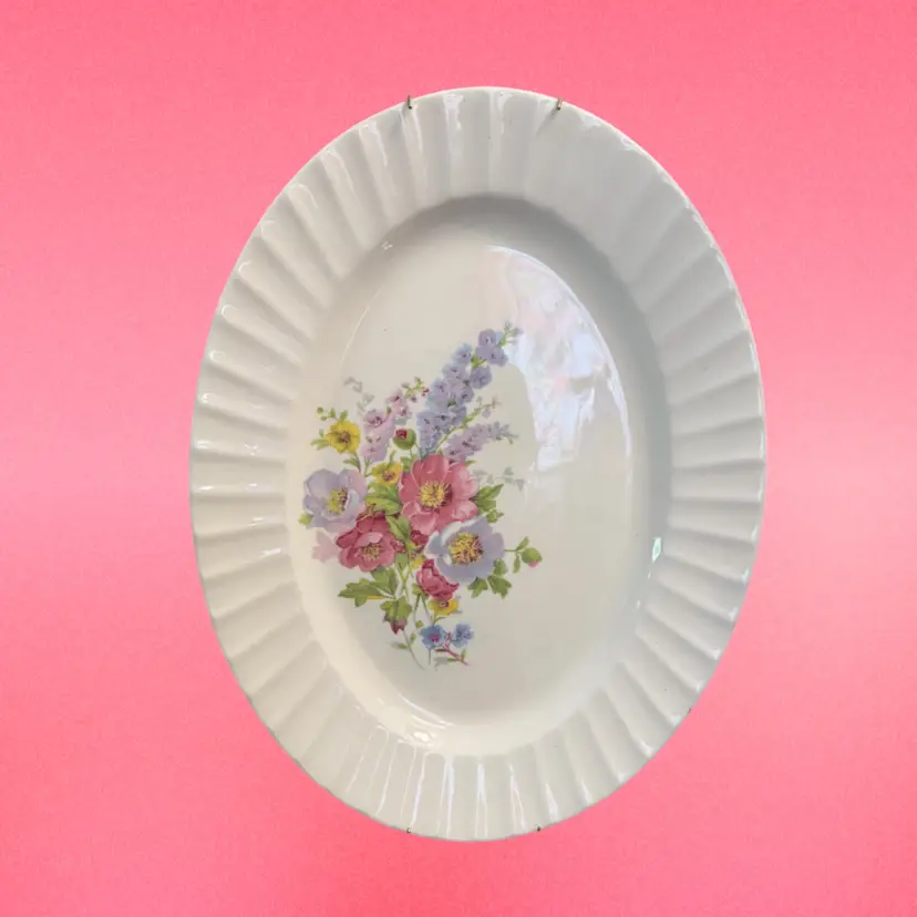 Vintage Floral Oval Serving Platter | Ribbed Edge Cream Ironstone Transferware | 13” x 10” Cottagecore
