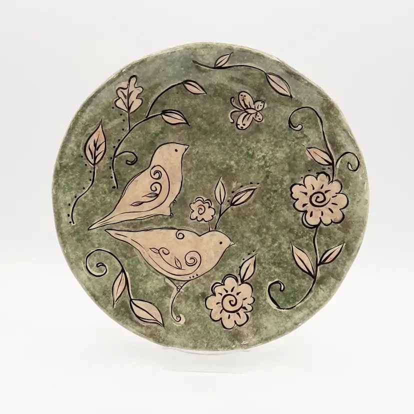 Certified International Susan Winget Bird Flower Butterfly Plate Green Gold
