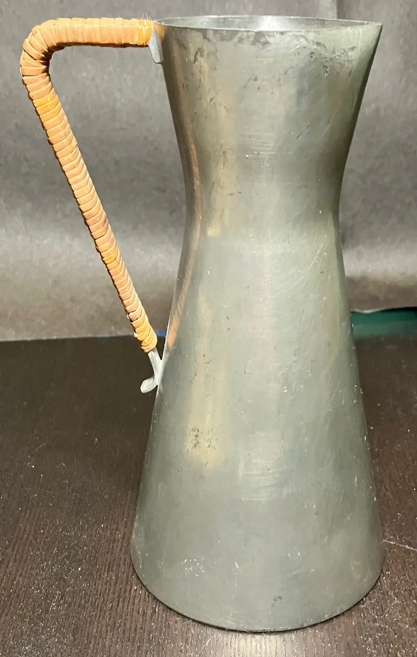 VTG West Germany Metal Pewter Pitcher With Woven Rattan-wrapped Handle