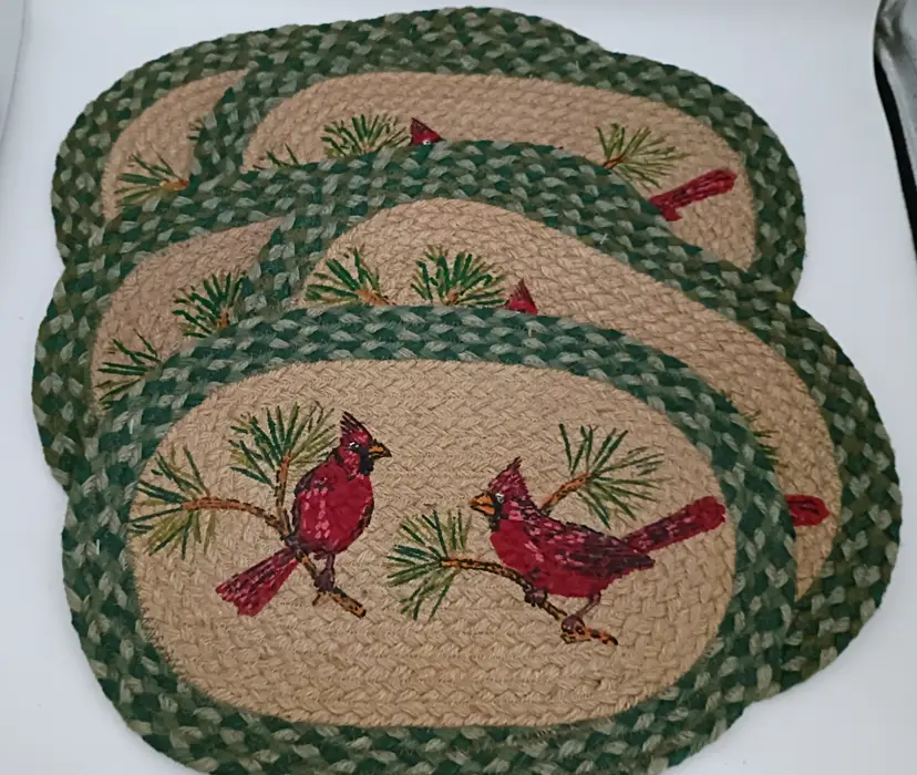 5 NOS Earth Rugs Mats ~ 10” x 15” Oval ~ Cardinals ~ Braided Jute ~ w/Tags